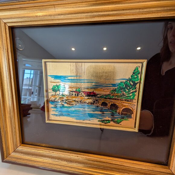 Italian picture of house in the country side, gold leaf, hand painted and silk s - Picture 2 of 9